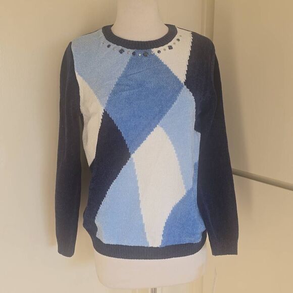 Alfred Dunner Womens Petite Chenille Blue Colorblock Sweater, NWT, PS - Picture 4 of 11